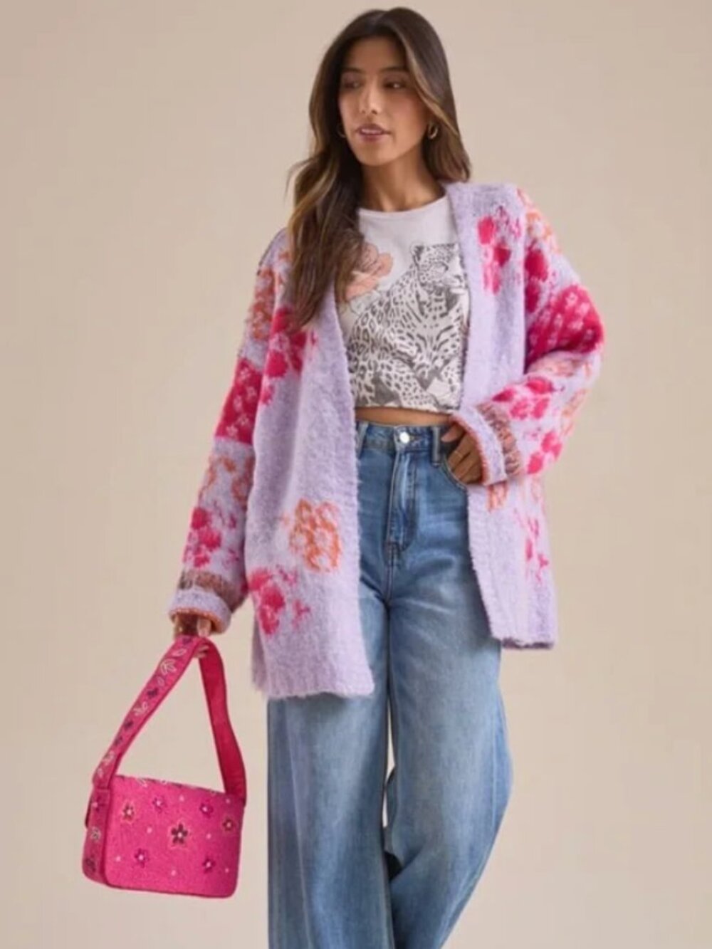 Altar’d State Lavender Casey Floral Open Cardigan - M